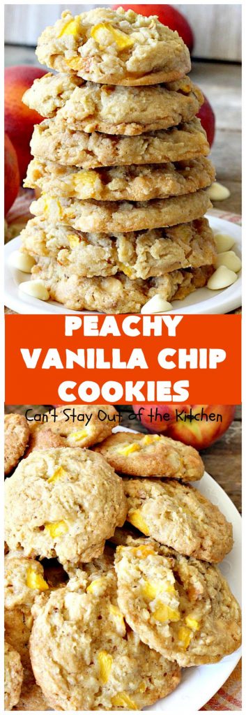 Peachy Vanilla Chip Cookies | Can't Stay Out of the Kitchen | these sensational #cookies include fresh #peaches, #walnuts & vanilla chips. They make a wonderful #dessert for summer potlucks when peaches are in season. #peachdessert