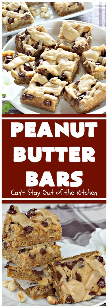 Peanut Butter Bars | Can't Stay Out of the Kitchen | Get your #chocolate fix & #PeanutButter fix with one delicious #recipe! This #dessert is sure to get your motor going as every bite is rich, decadent and heavenly. #cookie #ChocolateChips #PeanutButterDessert #brownie #tailgating #ChocolateDessert #FathersDayDessert #FourthOfJulyDessert