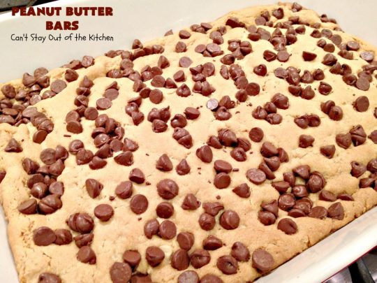 Peanut Butter Bars | Can't Stay Out of the Kitchen | Get your #chocolate fix & #PeanutButter fix with one delicious #recipe! This #dessert is sure to get your motor going as every bite is rich, decadent and heavenly. #cookie #ChocolateChips #PeanutButterDessert #brownie #tailgating #ChocolateDessert #FathersDayDessert #FourthOfJulyDessert