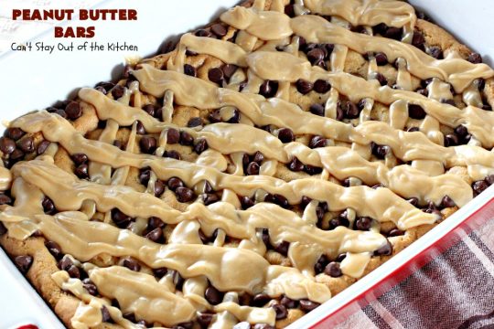 Peanut Butter Bars | Can't Stay Out of the Kitchen | Get your #chocolate fix & #PeanutButter fix with one delicious #recipe! This #dessert is sure to get your motor going as every bite is rich, decadent and heavenly. #cookie #ChocolateChips #PeanutButterDessert #brownie #tailgating #ChocolateDessert #FathersDayDessert #FourthOfJulyDessert