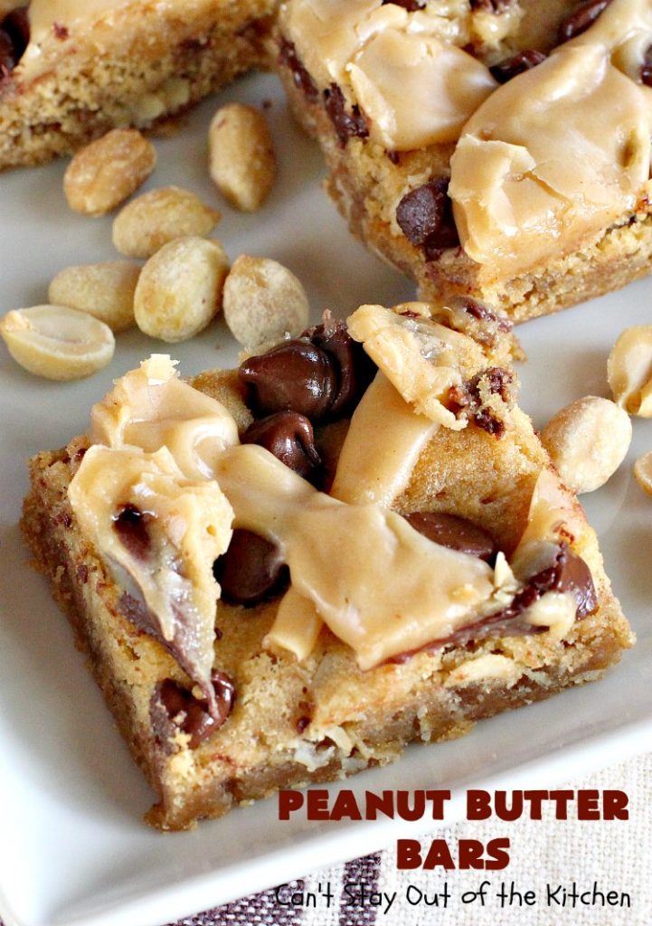 Peanut Butter Bars | Can't Stay Out of the Kitchen | Get your #chocolate fix & #PeanutButter fix with one delicious #recipe! This #dessert is sure to get your motor going as every bite is rich, decadent and heavenly. #cookie #ChocolateChips #PeanutButterDessert #brownie #tailgating #ChocolateDessert #FathersDayDessert #FourthOfJulyDessert