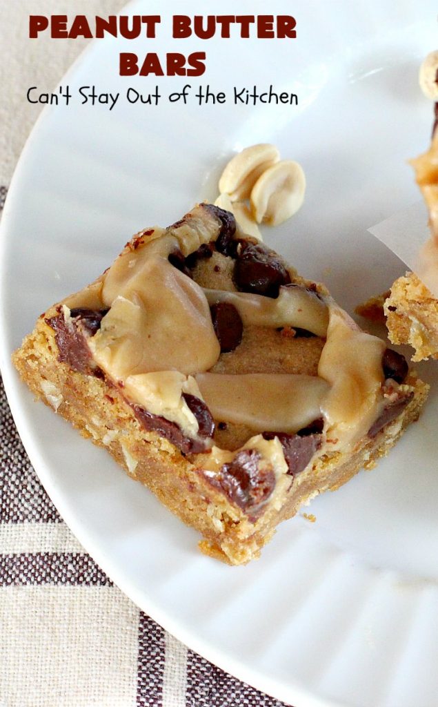 Peanut Butter Bars | Can't Stay Out of the Kitchen | Get your #chocolate fix & #PeanutButter fix with one delicious #recipe! This #dessert is sure to get your motor going as every bite is rich, decadent and heavenly. #cookie #ChocolateChips #PeanutButterDessert #brownie #tailgating #ChocolateDessert #FathersDayDessert #FourthOfJulyDessert