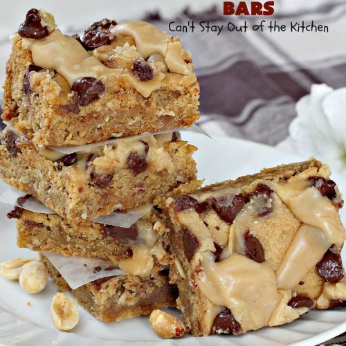 Peanut Butter Bars | Can't Stay Out of the Kitchen | Get your #chocolate fix & #PeanutButter fix with one delicious #recipe! This #dessert is sure to get your motor going as every bite is rich, decadent and heavenly. #cookie #ChocolateChips #PeanutButterDessert #brownie #tailgating #ChocolateDessert #FathersDayDessert #FourthOfJulyDessert