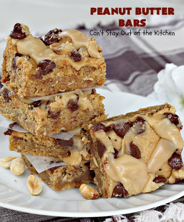 Peanut Butter Bars | Can't Stay Out of the Kitchen | Get your #chocolate fix & #PeanutButter fix with one delicious #recipe! This #dessert is sure to get your motor going as every bite is rich, decadent and heavenly. #cookie #ChocolateChips #PeanutButterDessert #brownie #tailgating #ChocolateDessert #FathersDayDessert #FourthOfJulyDessert