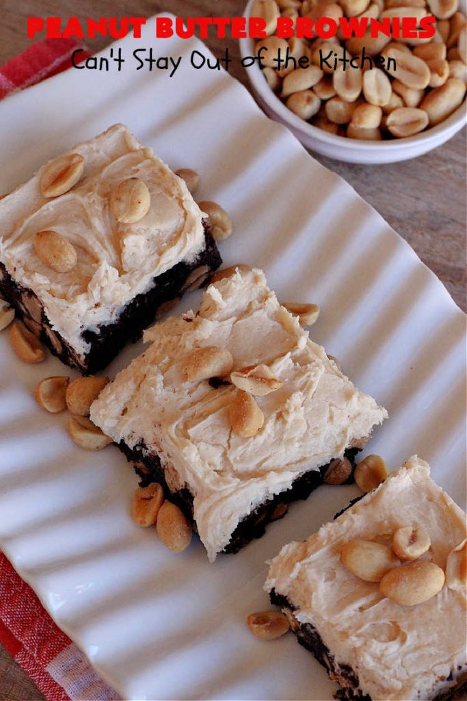 Peanut Butter Brownies | Can't Stay Out of the Kitchen | these luscious #brownies start with a brownie mix & #PeanutButterChips. The #PeanutButter & #CreamCheese Icing is to die for. If you enjoy #chocolate & peanut butter #desserts, you'll love this one. #tailgating #cookies #holiday #HolidayDessert #ChocolateDessert #PeanutButterDessert #ChristmasCookieExchange #PeanutButterBrownies