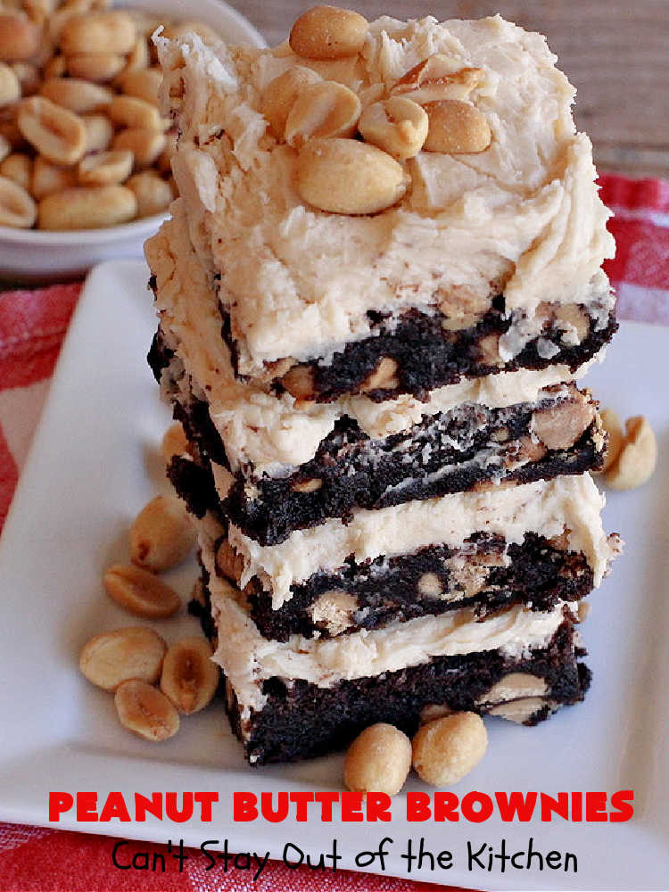 Peanut Butter Brownies | Can't Stay Out of the Kitchen | these luscious #brownies start with a brownie mix & #PeanutButterChips. The #PeanutButter & #CreamCheese Icing is to die for. If you enjoy #chocolate & peanut butter #desserts, you'll love this one. #tailgating #cookies #holiday #HolidayDessert #ChocolateDessert #PeanutButterDessert #ChristmasCookieExchange #PeanutButterBrownies