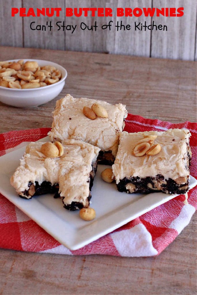 Peanut Butter Brownies | Can't Stay Out of the Kitchen | these luscious #brownies start with a brownie mix & #PeanutButterChips. The #PeanutButter & #CreamCheese Icing is to die for. If you enjoy #chocolate & peanut butter #desserts, you'll love this one. #tailgating #cookies #holiday #HolidayDessert #ChocolateDessert #PeanutButterDessert #ChristmasCookieExchange #PeanutButterBrownies