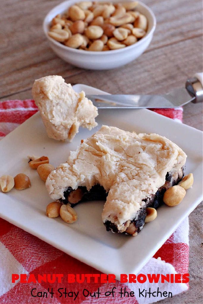 Peanut Butter Brownies | Can't Stay Out of the Kitchen | these luscious #brownies start with a brownie mix & #PeanutButterChips. The #PeanutButter & #CreamCheese Icing is to die for. If you enjoy #chocolate & peanut butter #desserts, you'll love this one. #tailgating #cookies #holiday #HolidayDessert #ChocolateDessert #PeanutButterDessert #ChristmasCookieExchange #PeanutButterBrownies