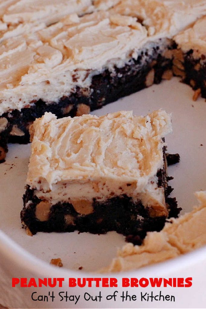 Peanut Butter Brownies | Can't Stay Out of the Kitchen | these luscious #brownies start with a brownie mix & #PeanutButterChips. The #PeanutButter & #CreamCheese Icing is to die for. If you enjoy #chocolate & peanut butter #desserts, you'll love this one. #tailgating #cookies #holiday #HolidayDessert #ChocolateDessert #PeanutButterDessert #ChristmasCookieExchange #PeanutButterBrownies