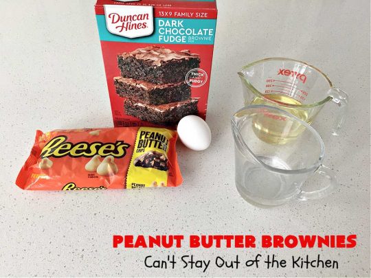 Peanut Butter Brownies | Can't Stay Out of the Kitchen | these luscious #brownies start with a brownie mix & #PeanutButterChips. The #PeanutButter & #CreamCheese Icing is to die for. If you enjoy #chocolate & peanut butter #desserts, you'll love this one. #tailgating #cookies #holiday #HolidayDessert #ChocolateDessert #PeanutButterDessert #ChristmasCookieExchange #PeanutButterBrownies