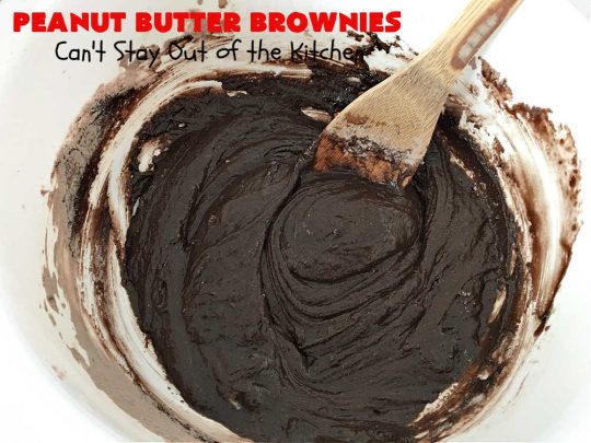 Peanut Butter Brownies | Can't Stay Out of the Kitchen | these luscious #brownies start with a brownie mix & #PeanutButterChips. The #PeanutButter & #CreamCheese Icing is to die for. If you enjoy #chocolate & peanut butter #desserts, you'll love this one. #tailgating #cookies #holiday #HolidayDessert #ChocolateDessert #PeanutButterDessert #ChristmasCookieExchange #PeanutButterBrownies