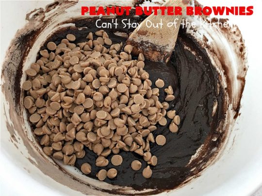 Peanut Butter Brownies | Can't Stay Out of the Kitchen | these luscious #brownies start with a brownie mix & #PeanutButterChips. The #PeanutButter & #CreamCheese Icing is to die for. If you enjoy #chocolate & peanut butter #desserts, you'll love this one. #tailgating #cookies #holiday #HolidayDessert #ChocolateDessert #PeanutButterDessert #ChristmasCookieExchange #PeanutButterBrownies