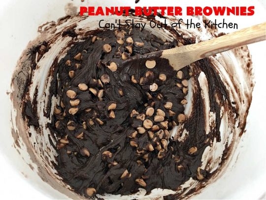 Peanut Butter Brownies | Can't Stay Out of the Kitchen | these luscious #brownies start with a brownie mix & #PeanutButterChips. The #PeanutButter & #CreamCheese Icing is to die for. If you enjoy #chocolate & peanut butter #desserts, you'll love this one. #tailgating #cookies #holiday #HolidayDessert #ChocolateDessert #PeanutButterDessert #ChristmasCookieExchange #PeanutButterBrownies