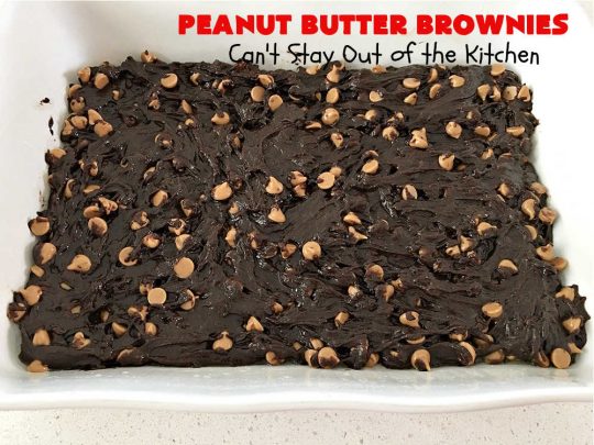 Peanut Butter Brownies | Can't Stay Out of the Kitchen | these luscious #brownies start with a brownie mix & #PeanutButterChips. The #PeanutButter & #CreamCheese Icing is to die for. If you enjoy #chocolate & peanut butter #desserts, you'll love this one. #tailgating #cookies #holiday #HolidayDessert #ChocolateDessert #PeanutButterDessert #ChristmasCookieExchange #PeanutButterBrownies