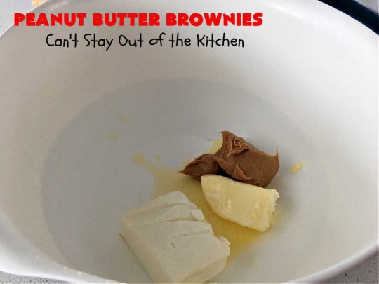 Peanut Butter Brownies | Can't Stay Out of the Kitchen | these luscious #brownies start with a brownie mix & #PeanutButterChips. The #PeanutButter & #CreamCheese Icing is to die for. If you enjoy #chocolate & peanut butter #desserts, you'll love this one. #tailgating #cookies #holiday #HolidayDessert #ChocolateDessert #PeanutButterDessert #ChristmasCookieExchange #PeanutButterBrownies