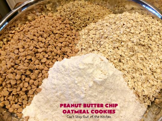 Peanut Butter Chip Oatmeal Cookies | Can't Stay Out of the Kitchen | these #cookies are fantastic! #OatmealCookies are amped up with #walnuts & #ReesesPeanutButterChips. They are mouthwatering, irresistible & heavenly. Marvelous for #tailgating parties, #holiday #baking & #ChristmasCookieExchanges. #PeanutButter #dessert #Reeses #PeanutButterDessert #PeanutButterChipOatmealCookies