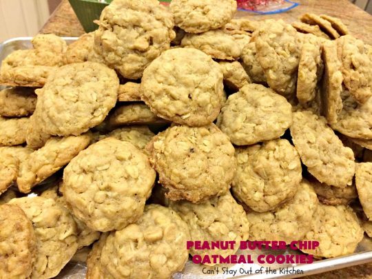 Peanut Butter Chip Oatmeal Cookies | Can't Stay Out of the Kitchen | these #cookies are fantastic! #OatmealCookies are amped up with #walnuts & #ReesesPeanutButterChips. They are mouthwatering, irresistible & heavenly. Marvelous for #tailgating parties, #holiday #baking & #ChristmasCookieExchanges. #PeanutButter #dessert #Reeses #PeanutButterDessert #PeanutButterChipOatmealCookies
