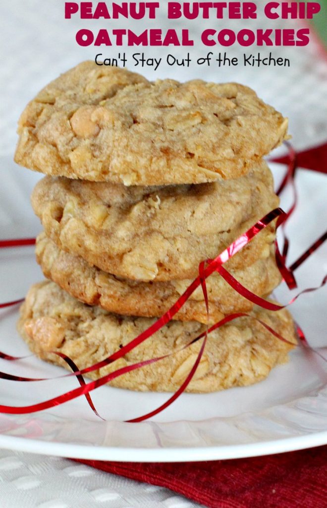 Peanut Butter Chip Oatmeal Cookies | Can't Stay Out of the Kitchen | these #cookies are fantastic! #OatmealCookies are amped up with #walnuts & #ReesesPeanutButterChips. They are mouthwatering, irresistible & heavenly. Marvelous for #tailgating parties, #holiday #baking & #ChristmasCookieExchanges. #PeanutButter #dessert #Reeses #PeanutButterDessert #PeanutButterChipOatmealCookies