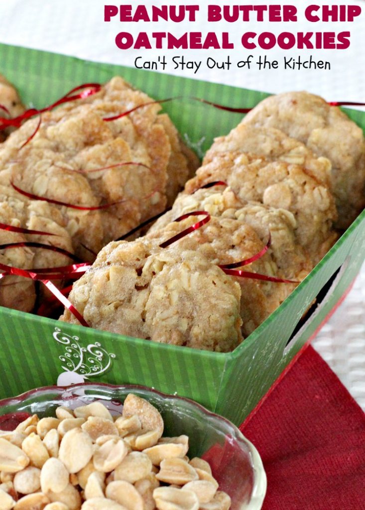 Peanut Butter Chip Oatmeal Cookies | Can't Stay Out of the Kitchen | these #cookies are fantastic! #OatmealCookies are amped up with #walnuts & #ReesesPeanutButterChips. They are mouthwatering, irresistible & heavenly. Marvelous for #tailgating parties, #holiday #baking & #ChristmasCookieExchanges. #PeanutButter #dessert #Reeses #PeanutButterDessert #PeanutButterChipOatmealCookies