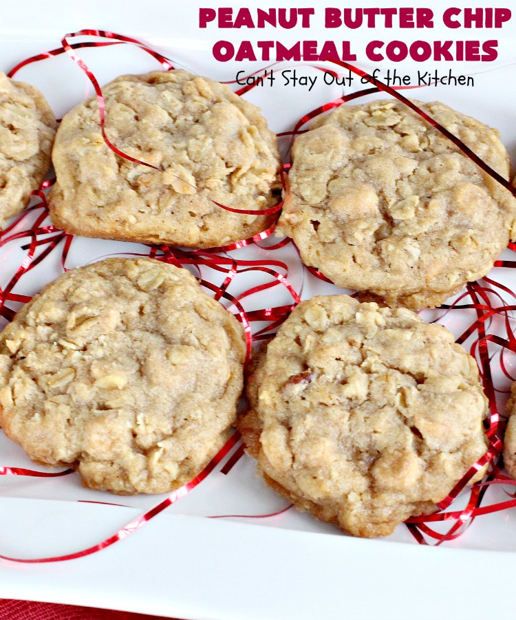 Peanut Butter Chip Oatmeal Cookies | Can't Stay Out of the Kitchen | these #cookies are fantastic! #OatmealCookies are amped up with #walnuts & #ReesesPeanutButterChips. They are mouthwatering, irresistible & heavenly. Marvelous for #tailgating parties, #holiday #baking & #ChristmasCookieExchanges. #PeanutButter #dessert #Reeses #PeanutButterDessert #PeanutButterChipOatmealCookies