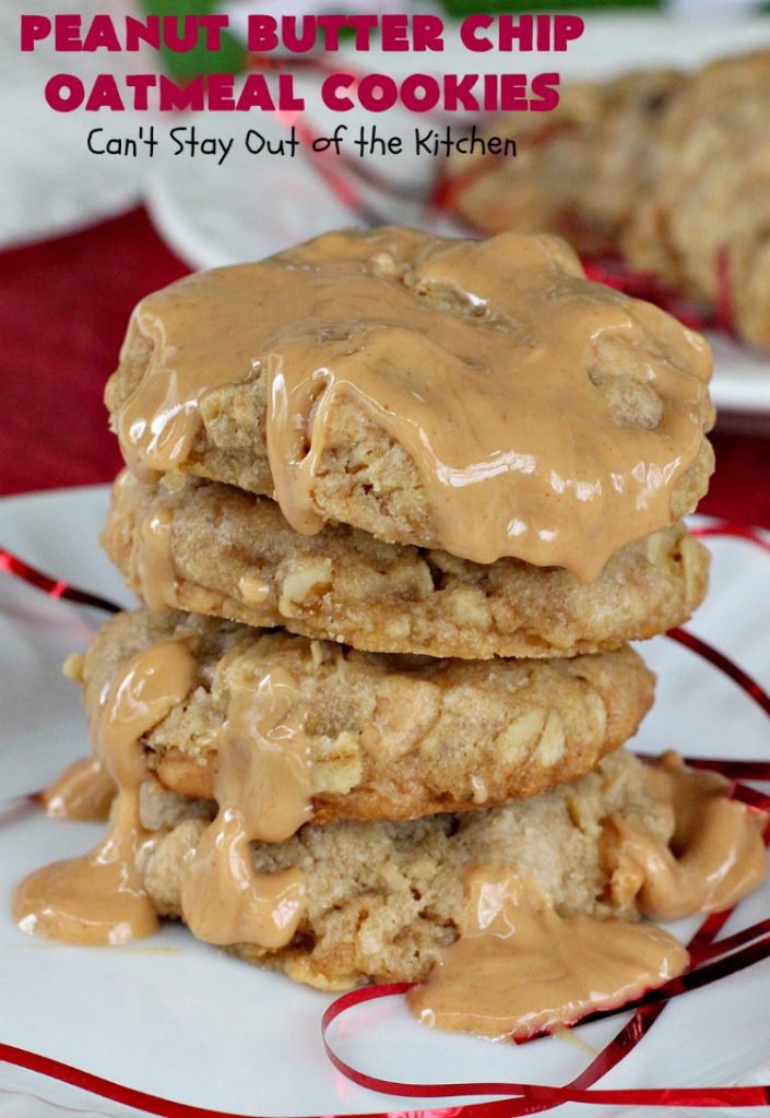 Peanut Butter Chip Oatmeal Cookies | Can't Stay Out of the Kitchen | these #cookies are fantastic! #OatmealCookies are amped up with #walnuts & #ReesesPeanutButterChips. They are mouthwatering, irresistible & heavenly. Marvelous for #tailgating parties, #holiday #baking & #ChristmasCookieExchanges. #PeanutButter #dessert #Reeses #PeanutButterDessert #PeanutButterChipOatmealCookies