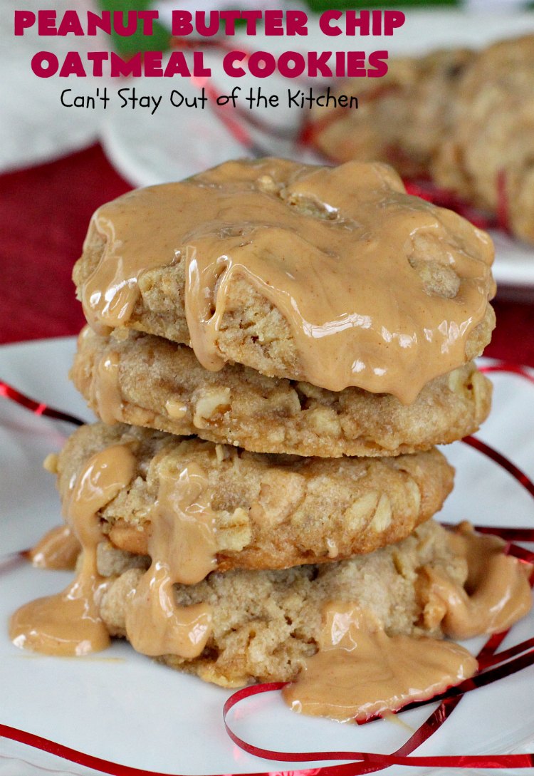 Peanut Butter Chip Oatmeal Cookies | Can't Stay Out of the Kitchen | these #cookies are fantastic! #OatmealCookies are amped up with #walnuts & #ReesesPeanutButterChips. They are mouthwatering, irresistible & heavenly. Marvelous for #tailgating parties, #holiday #baking & #ChristmasCookieExchanges. #PeanutButter #dessert #Reeses #PeanutButterDessert #PeanutButterChipOatmealCookies