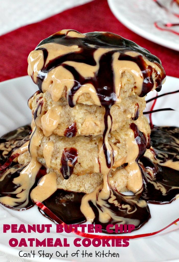 Peanut Butter Chip Oatmeal Cookies | Can't Stay Out of the Kitchen | these #cookies are fantastic! #OatmealCookies are amped up with #walnuts & #ReesesPeanutButterChips. They are mouthwatering, irresistible & heavenly. Marvelous for #tailgating parties, #holiday #baking & #ChristmasCookieExchanges. #PeanutButter #dessert #Reeses #PeanutButterDessert #PeanutButterChipOatmealCookies