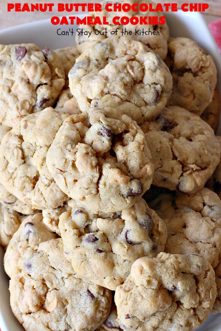 Peanut Butter Chocolate Chip Oatmeal Cookies | Can't Stay Out of the Kitchen | these scrumptious #OatmealCookies include both #ChocolateChips & #PeanutButter chips. They are fantastic for a #ChristmasCookieExchange #holiday #baking or #tailgating parties. #cookies #dessert #HolidayDessert #PeanutButterDessert #ChocolateDessert #PeanutButterChocolateChipOatmealCookies