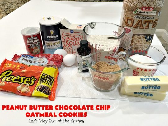 Peanut Butter Chocolate Chip Oatmeal Cookies | Can't Stay Out of the Kitchen | these scrumptious #OatmealCookies include both #ChocolateChips & #PeanutButter chips. They are fantastic for a #ChristmasCookieExchange #holiday #baking or #tailgating parties. #cookies #dessert #HolidayDessert #PeanutButterDessert #ChocolateDessert #PeanutButterChocolateChipOatmealCookies