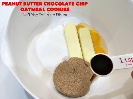 Peanut Butter Chocolate Chip Oatmeal Cookies | Can't Stay Out of the Kitchen | these scrumptious #OatmealCookies include both #ChocolateChips & #PeanutButter chips. They are fantastic for a #ChristmasCookieExchange #holiday #baking or #tailgating parties. #cookies #dessert #HolidayDessert #PeanutButterDessert #ChocolateDessert #PeanutButterChocolateChipOatmealCookies