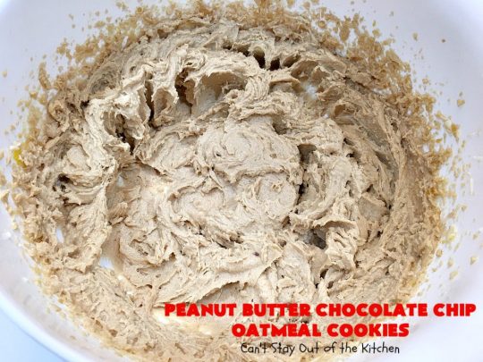 Peanut Butter Chocolate Chip Oatmeal Cookies | Can't Stay Out of the Kitchen | these scrumptious #OatmealCookies include both #ChocolateChips & #PeanutButter chips. They are fantastic for a #ChristmasCookieExchange #holiday #baking or #tailgating parties. #cookies #dessert #HolidayDessert #PeanutButterDessert #ChocolateDessert #PeanutButterChocolateChipOatmealCookies