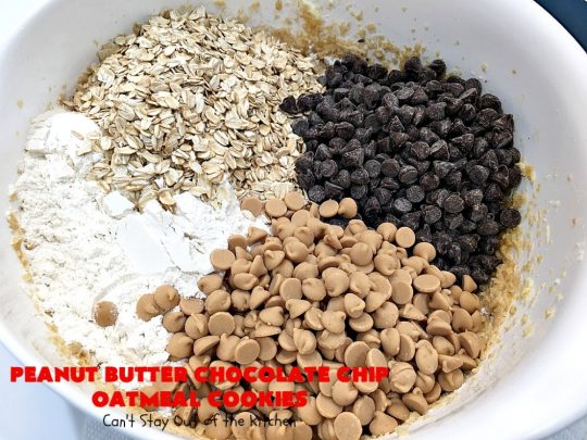 Peanut Butter Chocolate Chip Oatmeal Cookies | Can't Stay Out of the Kitchen | these scrumptious #OatmealCookies include both #ChocolateChips & #PeanutButter chips. They are fantastic for a #ChristmasCookieExchange #holiday #baking or #tailgating parties. #cookies #dessert #HolidayDessert #PeanutButterDessert #ChocolateDessert #PeanutButterChocolateChipOatmealCookies