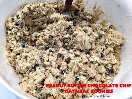 Peanut Butter Chocolate Chip Oatmeal Cookies | Can't Stay Out of the Kitchen | these scrumptious #OatmealCookies include both #ChocolateChips & #PeanutButter chips. They are fantastic for a #ChristmasCookieExchange #holiday #baking or #tailgating parties. #cookies #dessert #HolidayDessert #PeanutButterDessert #ChocolateDessert #PeanutButterChocolateChipOatmealCookies