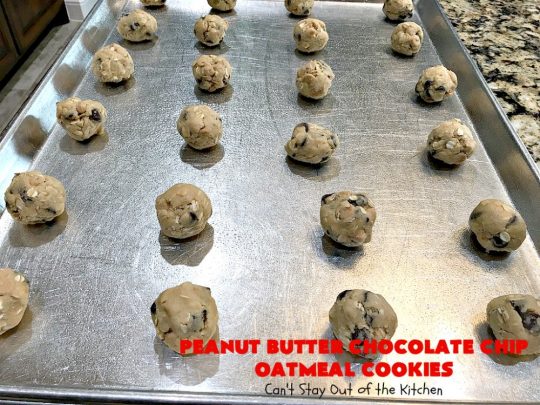 Peanut Butter Chocolate Chip Oatmeal Cookies | Can't Stay Out of the Kitchen | these scrumptious #OatmealCookies include both #ChocolateChips & #PeanutButter chips. They are fantastic for a #ChristmasCookieExchange #holiday #baking or #tailgating parties. #cookies #dessert #HolidayDessert #PeanutButterDessert #ChocolateDessert #PeanutButterChocolateChipOatmealCookies