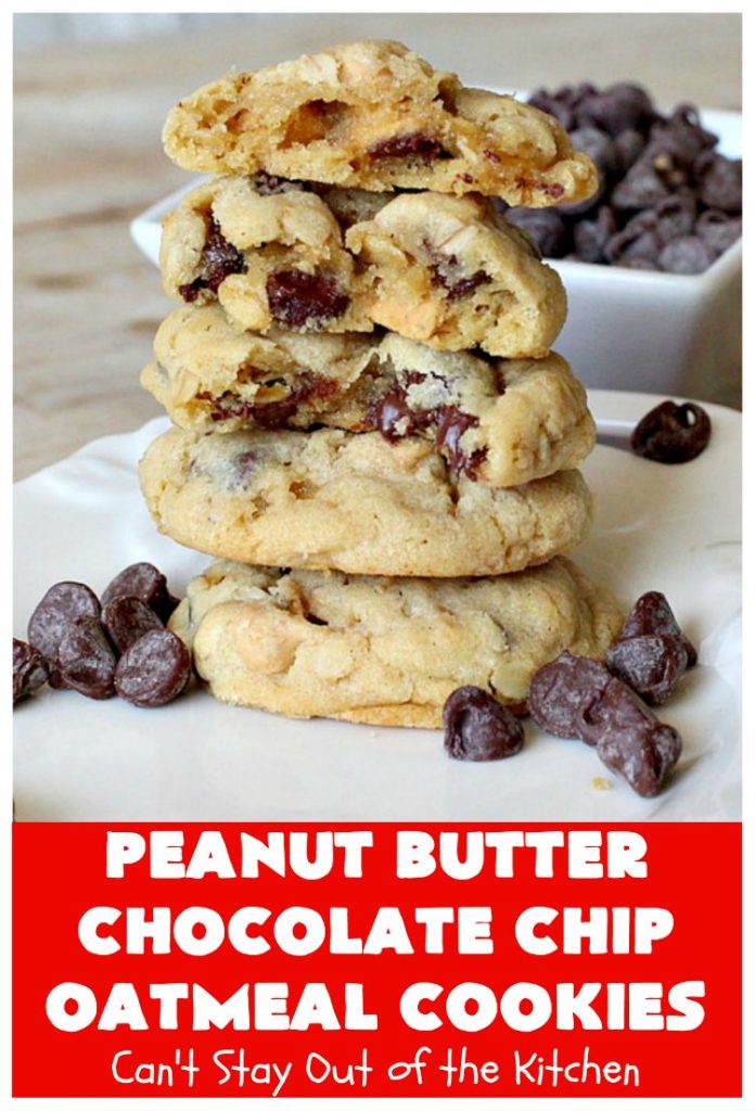 Peanut Butter Chocolate Chip Oatmeal Cookies | Can't Stay Out of the Kitchen | these scrumptious #OatmealCookies include both #ChocolateChips & #PeanutButter chips. They are fantastic for a #ChristmasCookieExchange #holiday #baking or #tailgating parties. #cookies #dessert #HolidayDessert #PeanutButterDessert #ChocolateDessert #PeanutButterChocolateChipOatmealCookies
