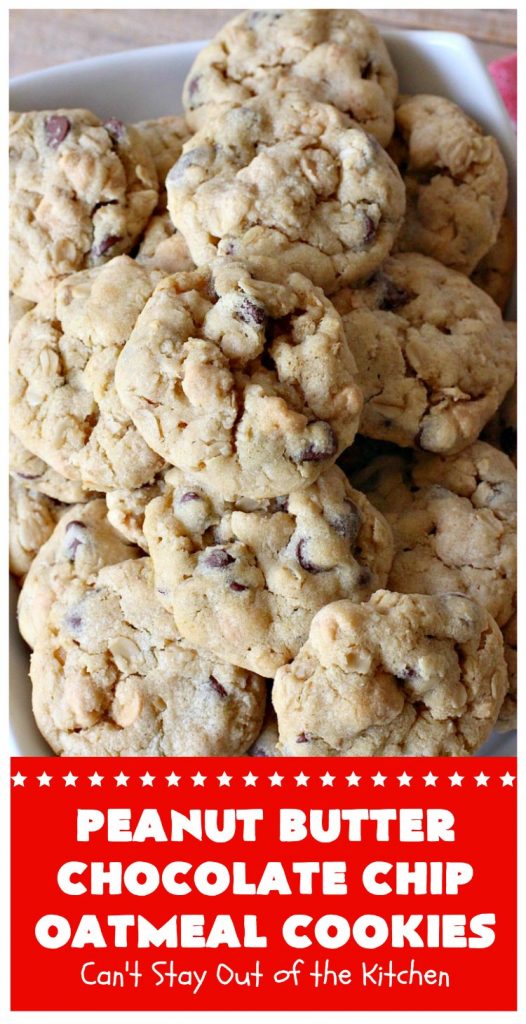 Peanut Butter Chocolate Chip Oatmeal Cookies | Can't Stay Out of the Kitchen | these scrumptious #OatmealCookies include both #ChocolateChips & #PeanutButter chips. They are fantastic for a #ChristmasCookieExchange #holiday #baking or #tailgating parties. #cookies #dessert #HolidayDessert #PeanutButterDessert #ChocolateDessert #PeanutButterChocolateChipOatmealCookies