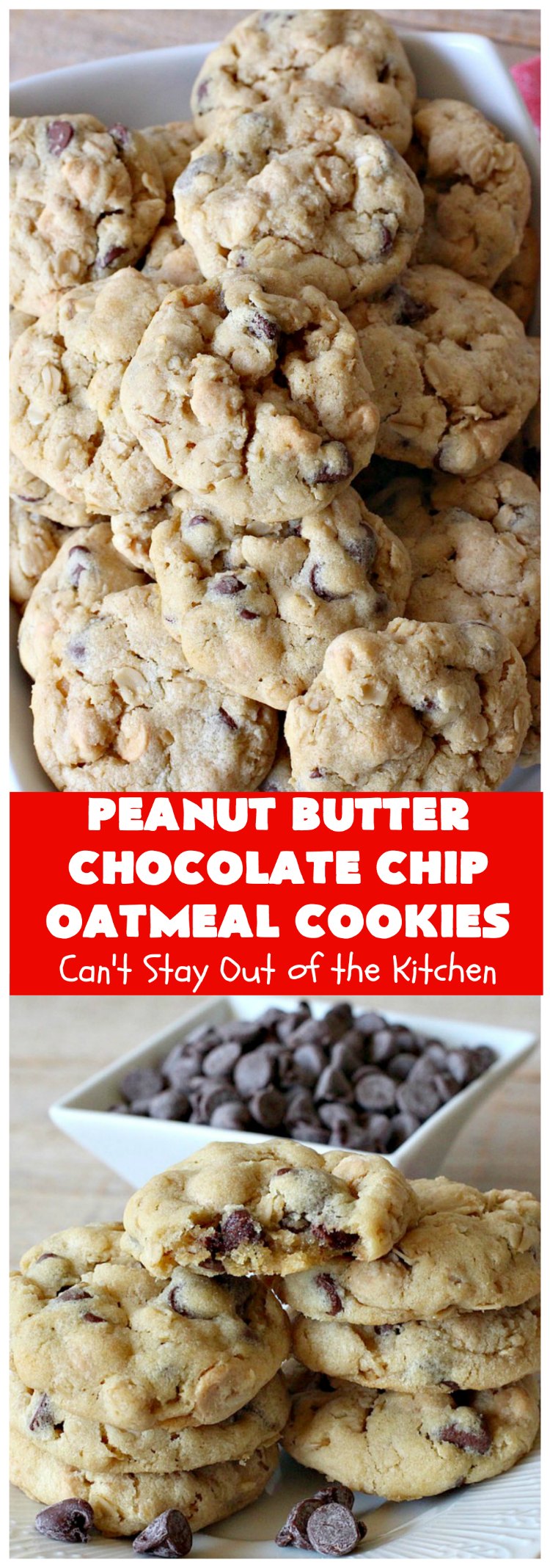Peanut Butter Chocolate Chip Oatmeal Cookies | Can't Stay Out of the Kitchen | these scrumptious #OatmealCookies include both #ChocolateChips & #PeanutButter chips. They are fantastic for a #ChristmasCookieExchange #holiday #baking or #tailgating parties. #cookies #dessert #HolidayDessert #PeanutButterDessert #ChocolateDessert #PeanutButterChocolateChipOatmealCookies