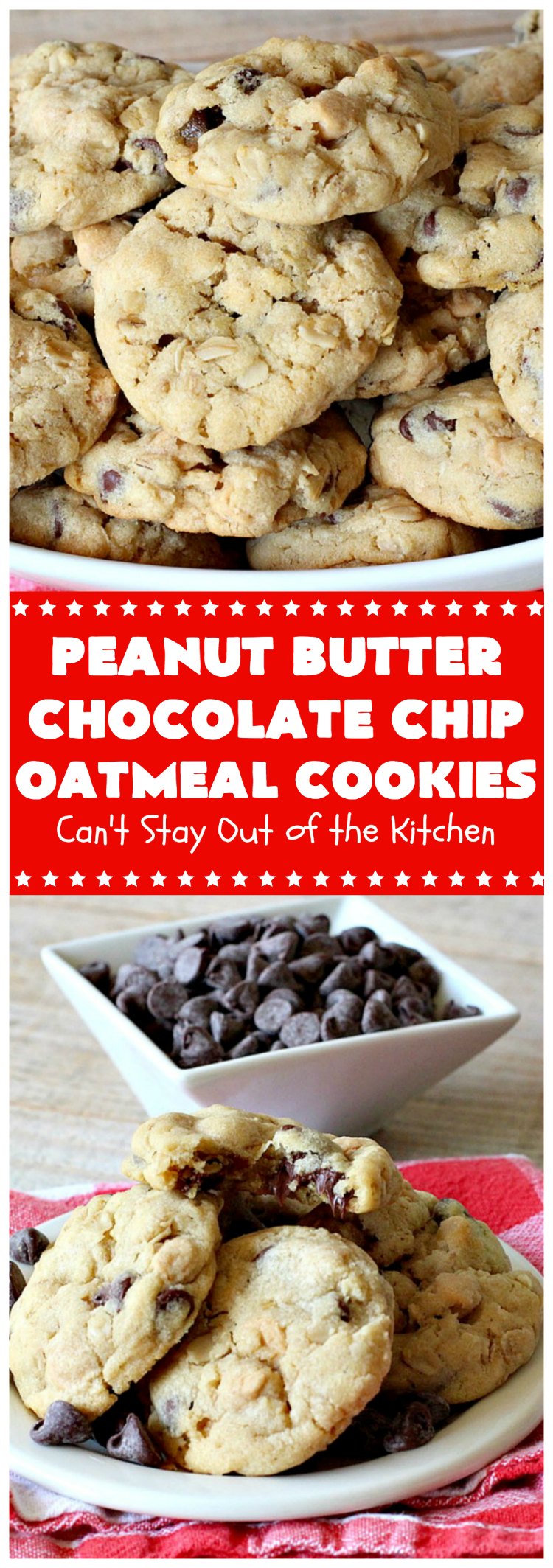 Peanut Butter Chocolate Chip Oatmeal Cookies | Can't Stay Out of the Kitchen | these scrumptious #OatmealCookies include both #ChocolateChips & #PeanutButter chips. They are fantastic for a #ChristmasCookieExchange #holiday #baking or #tailgating parties. #cookies #dessert #HolidayDessert #PeanutButterDessert #ChocolateDessert #PeanutButterChocolateChipOatmealCookies