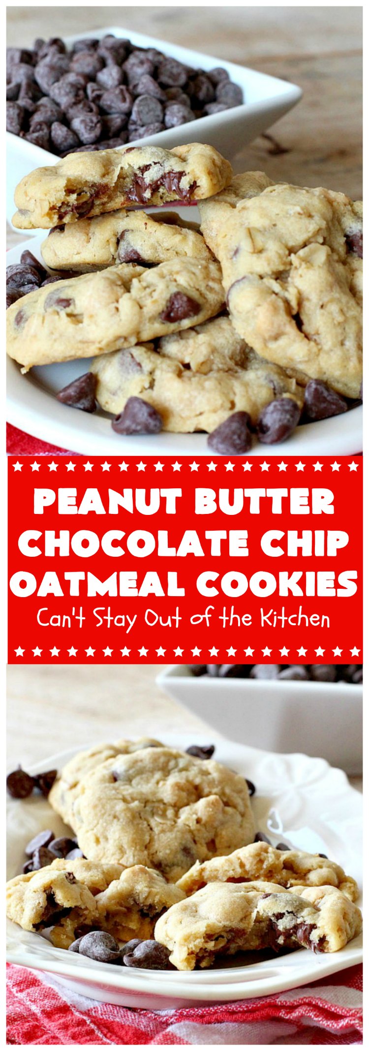 Peanut Butter Chocolate Chip Oatmeal Cookies | Can't Stay Out of the Kitchen | these scrumptious #OatmealCookies include both #ChocolateChips & #PeanutButter chips. They are fantastic for a #ChristmasCookieExchange #holiday #baking or #tailgating parties. #cookies #dessert #HolidayDessert #PeanutButterDessert #ChocolateDessert #PeanutButterChocolateChipOatmealCookies