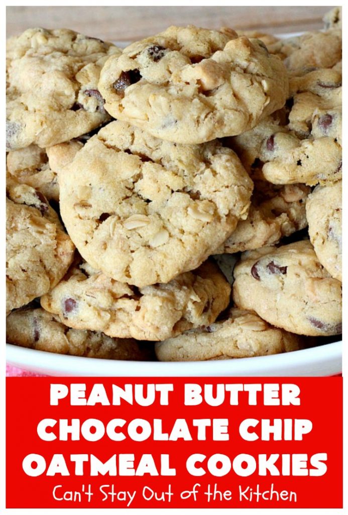Peanut Butter Chocolate Chip Oatmeal Cookies | Can't Stay Out of the Kitchen | these scrumptious #OatmealCookies include both #ChocolateChips & #PeanutButter chips. They are fantastic for a #ChristmasCookieExchange #holiday #baking or #tailgating parties. #cookies #dessert #HolidayDessert #PeanutButterDessert #ChocolateDessert #PeanutButterChocolateChipOatmealCookies
