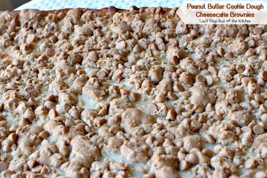 Peanut Butter Cookie Dough Cheesecake Brownies | Can't Stay Out of the Kitchen | these mouthwatering #brownies are filled with #peanutbutter chips & a #cheesecake layer. They make a scrumptious #tailgating treat. #dessert
