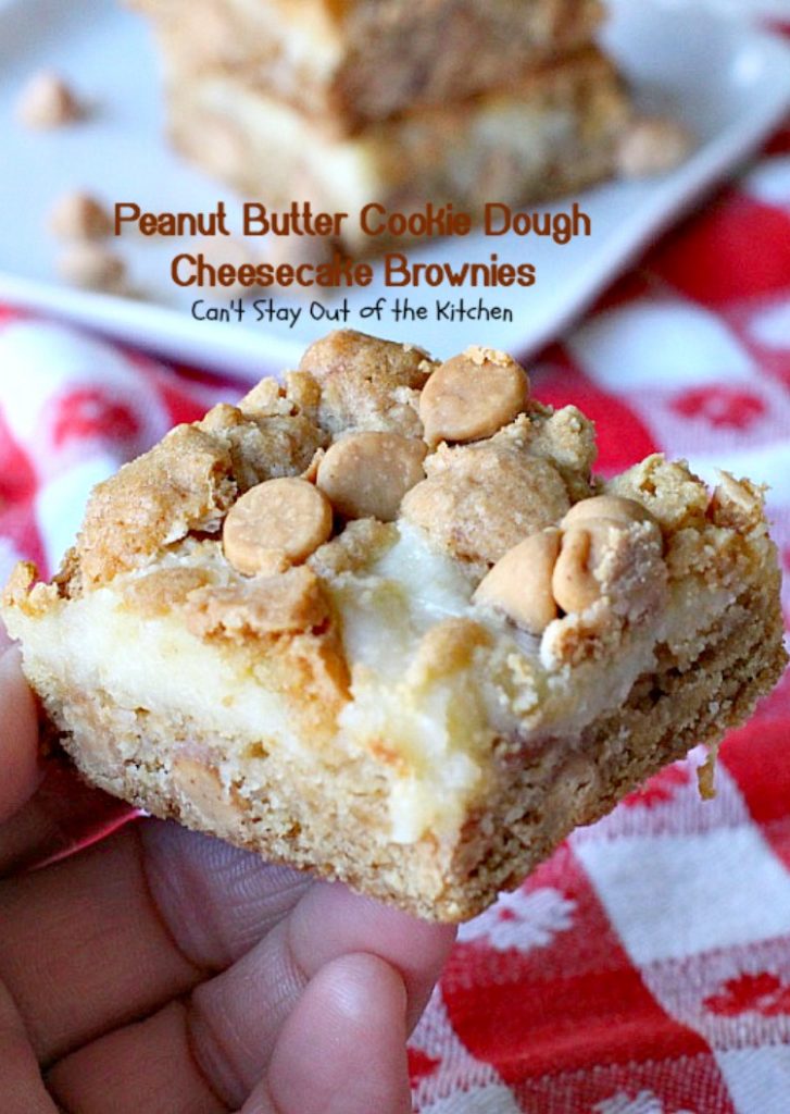 Peanut Butter Cookie Dough Cheesecake Brownies | Can't Stay Out of the Kitchen | these mouthwatering #brownies are filled with #peanutbutter chips & a #cheesecake layer. They make a scrumptious #tailgating treat. #dessert