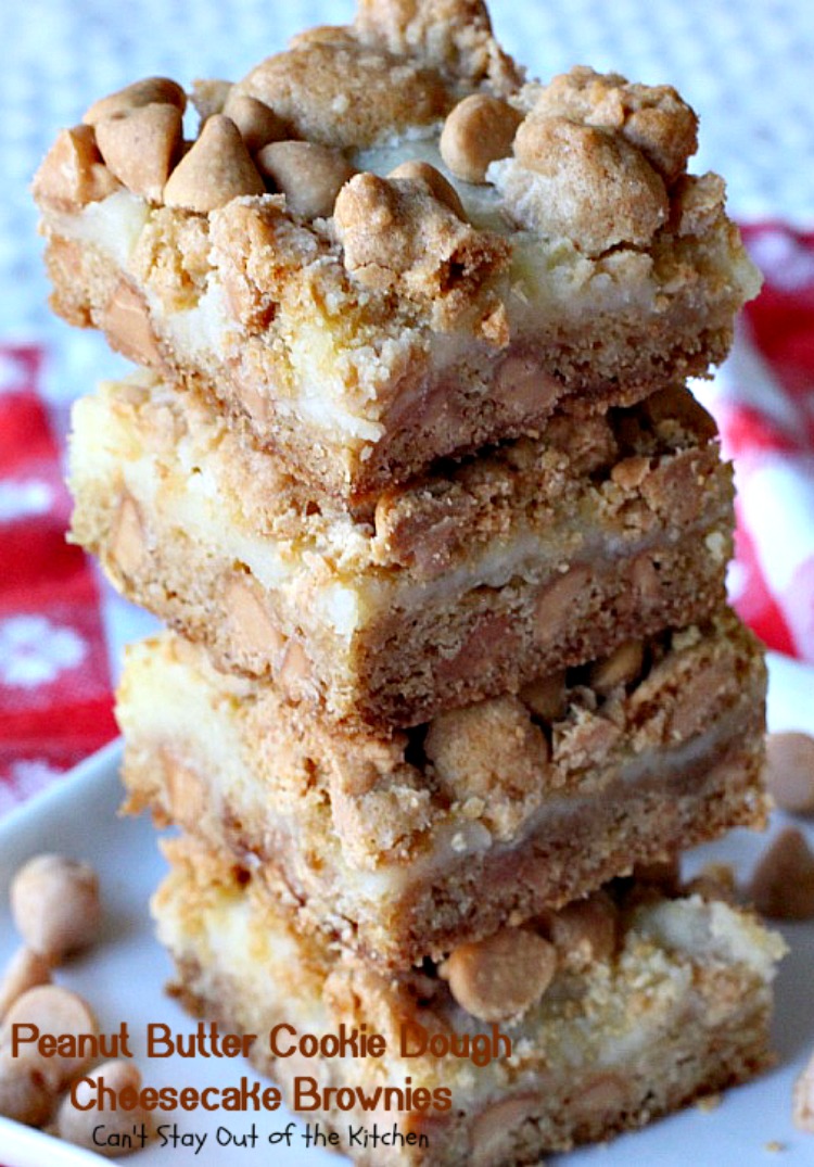 Peanut Butter Cookie Dough Cheesecake Brownies | Can't Stay Out of the Kitchen | these mouthwatering #brownies are filled with #peanutbutter chips & a #cheesecake layer. They make a scrumptious #tailgating treat. #dessert