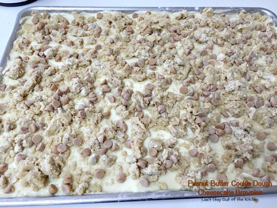 Peanut Butter Cookie Dough Cheesecake Brownies | Can't Stay Out of the Kitchen | these mouthwatering #brownies are filled with #peanutbutter chips & a #cheesecake layer. They make a scrumptious #tailgating treat. #dessert