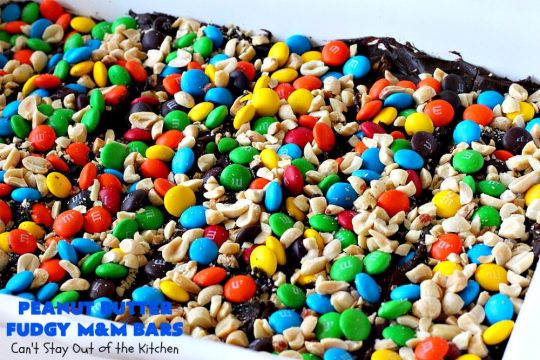 Peanut Butter Fudgy M&M Bars | Can't Stay Out of the Kitchen | these amazing #brownies have only 6 ingredients! They are so quick & easy but also rich, decadent & heavenly. Terrific #dessert for summer #holidays, backyard BBQs, #tailgating parties or for #ChristmasCookieExchanges. #DarkChocolate #Fudge #MMs #cookie #PeanutButter #Peanuts #chocolate #HolidayDessert #PeanutButterFudgyMMBars #ChocolateDessert #MMDessert