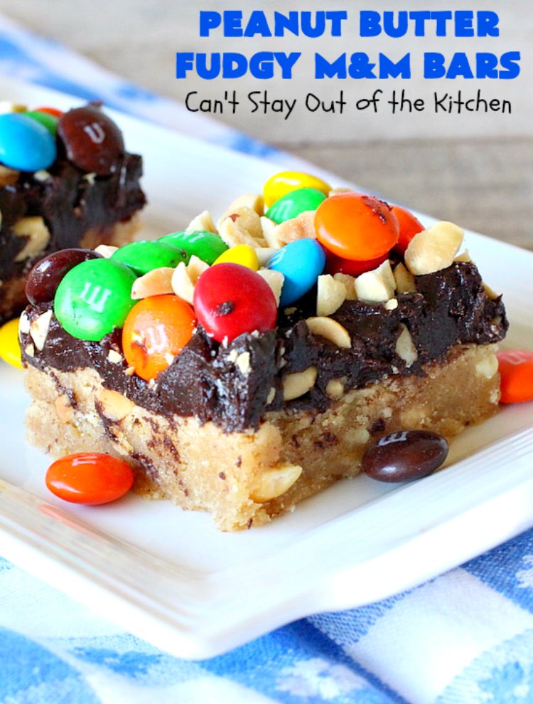 Peanut Butter Fudgy M&M Bars | Can't Stay Out of the Kitchen | these amazing #brownies have only 6 ingredients! They are so quick & easy but also rich, decadent & heavenly. Terrific #dessert for summer #holidays, backyard BBQs, #tailgating parties or for #ChristmasCookieExchanges. #DarkChocolate #Fudge #MMs #cookie #PeanutButter #Peanuts #chocolate #HolidayDessert #PeanutButterFudgyMMBars #ChocolateDessert #MMDessert