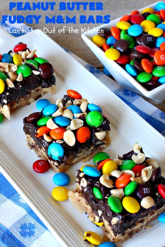Peanut Butter Fudgy M&M Bars | Can't Stay Out of the Kitchen | these amazing #brownies have only 6 ingredients! They are so quick & easy but also rich, decadent & heavenly. Terrific #dessert for summer #holidays, backyard BBQs, #tailgating parties or for #ChristmasCookieExchanges. #DarkChocolate #Fudge #MMs #cookie #PeanutButter #Peanuts #chocolate #HolidayDessert #PeanutButterFudgyMMBars #ChocolateDessert #MMDessert
