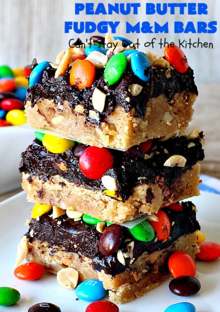 Peanut Butter Fudgy M&M Bars | Can't Stay Out of the Kitchen | these amazing #brownies have only 6 ingredients! They are so quick & easy but also rich, decadent & heavenly. Terrific #dessert for summer #holidays, backyard BBQs, #tailgating parties or for #ChristmasCookieExchanges. #DarkChocolate #Fudge #MMs #cookie #PeanutButter #Peanuts #chocolate #HolidayDessert #PeanutButterFudgyMMBars #ChocolateDessert #MMDessert