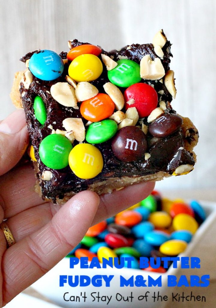 Peanut Butter Fudgy M&M Bars | Can't Stay Out of the Kitchen | these amazing #brownies have only 6 ingredients! They are so quick & easy but also rich, decadent & heavenly. Terrific #dessert for summer #holidays, backyard BBQs, #tailgating parties or for #ChristmasCookieExchanges. #DarkChocolate #Fudge #MMs #cookie #PeanutButter #Peanuts #chocolate #HolidayDessert #PeanutButterFudgyMMBars #ChocolateDessert #MMDessert