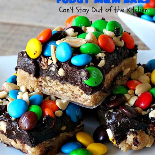 Peanut Butter Fudgy M&M Bars | Can't Stay Out of the Kitchen | these amazing #brownies have only 6 ingredients! They are so quick & easy but also rich, decadent & heavenly. Terrific #dessert for summer #holidays, backyard BBQs, #tailgating parties or for #ChristmasCookieExchanges. #DarkChocolate #Fudge #MMs #cookie #PeanutButter #Peanuts #chocolate #HolidayDessert #PeanutButterFudgyMMBars #ChocolateDessert #MMDessert
